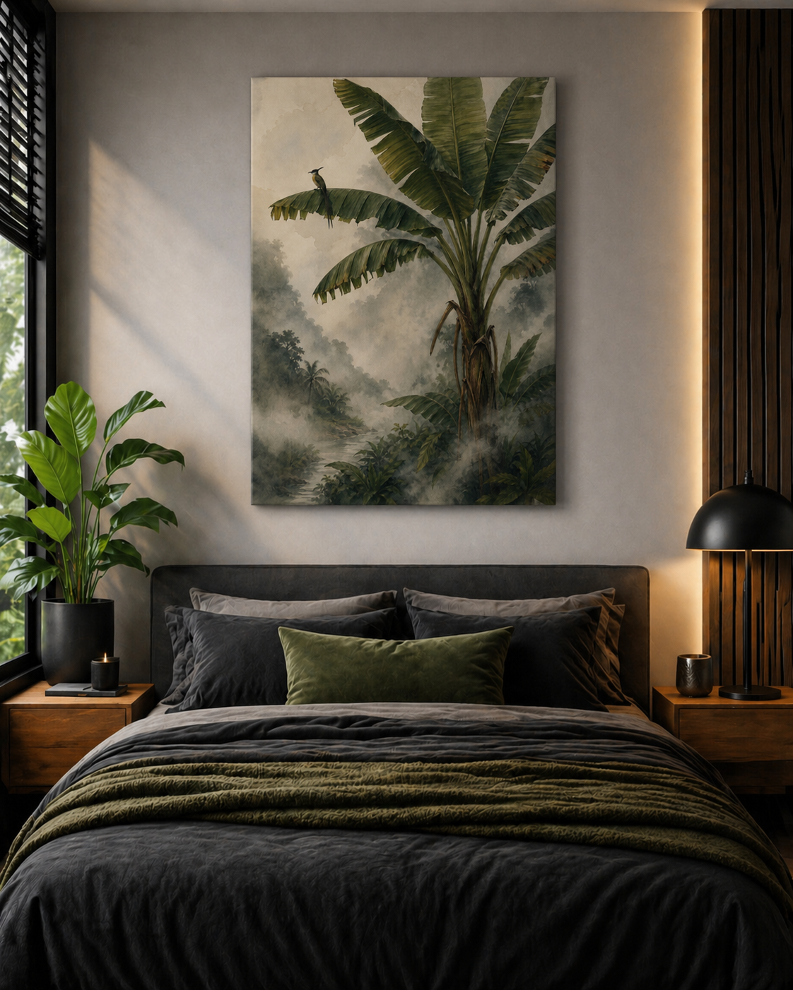 Bedroom with a large painting of tropical plants on the wall above a bed.