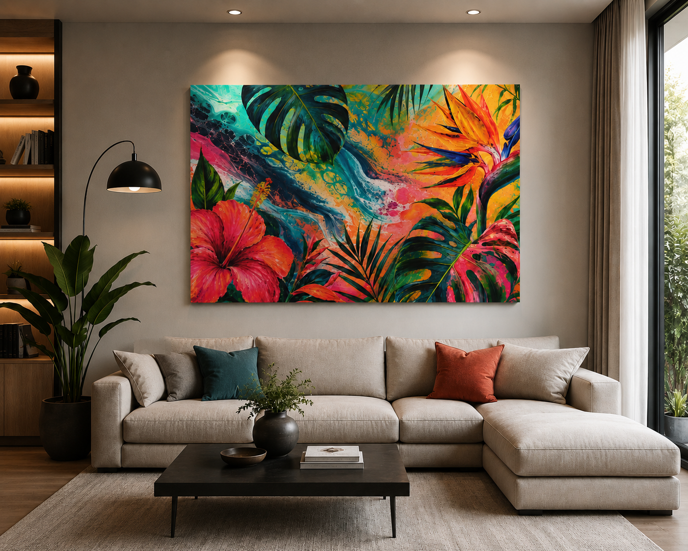 Tropical Floral Canvas Wall Art — Vibrant Hibiscus & Monstera Matte Print