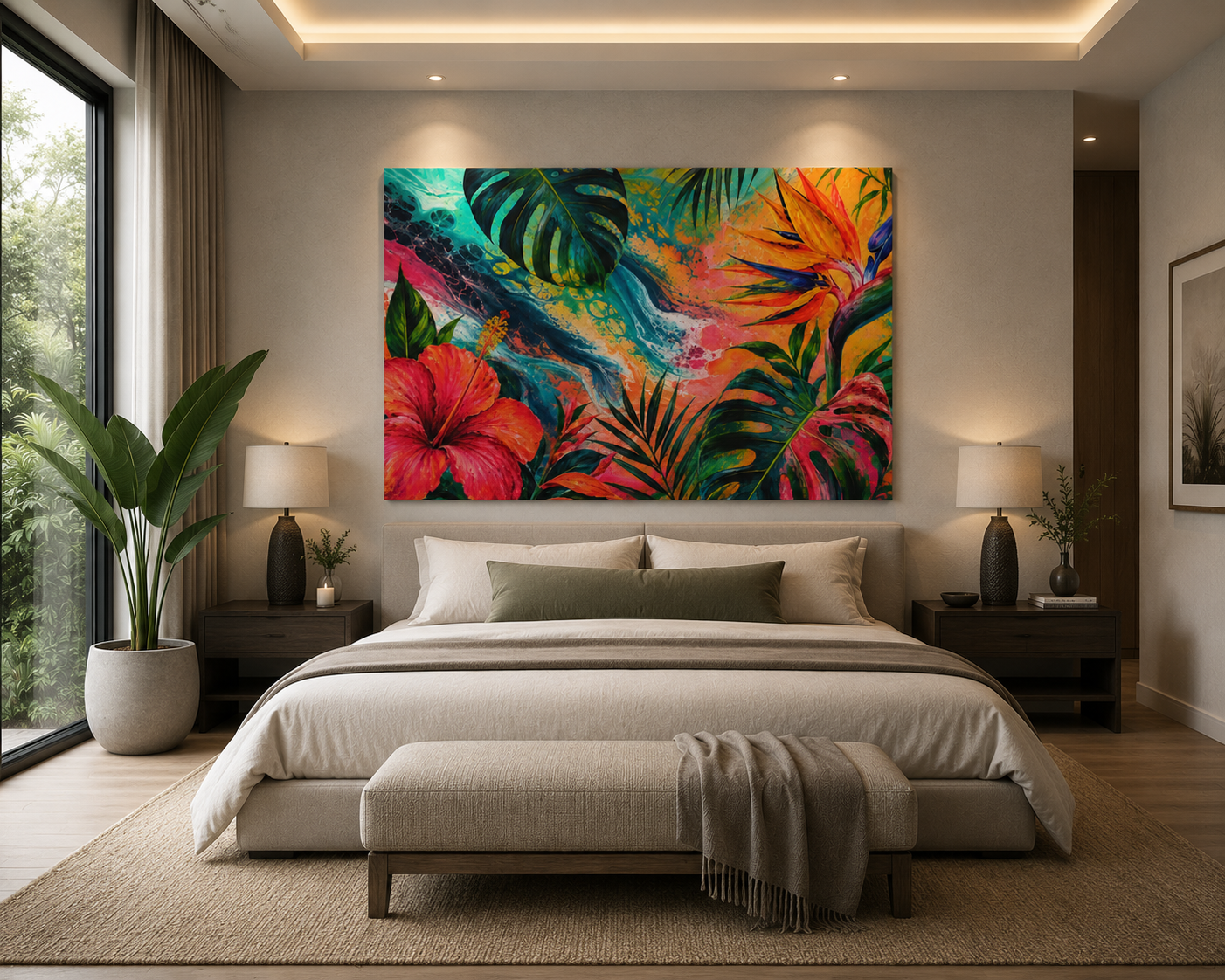 Tropical Floral Canvas Wall Art — Vibrant Hibiscus & Monstera Matte Print