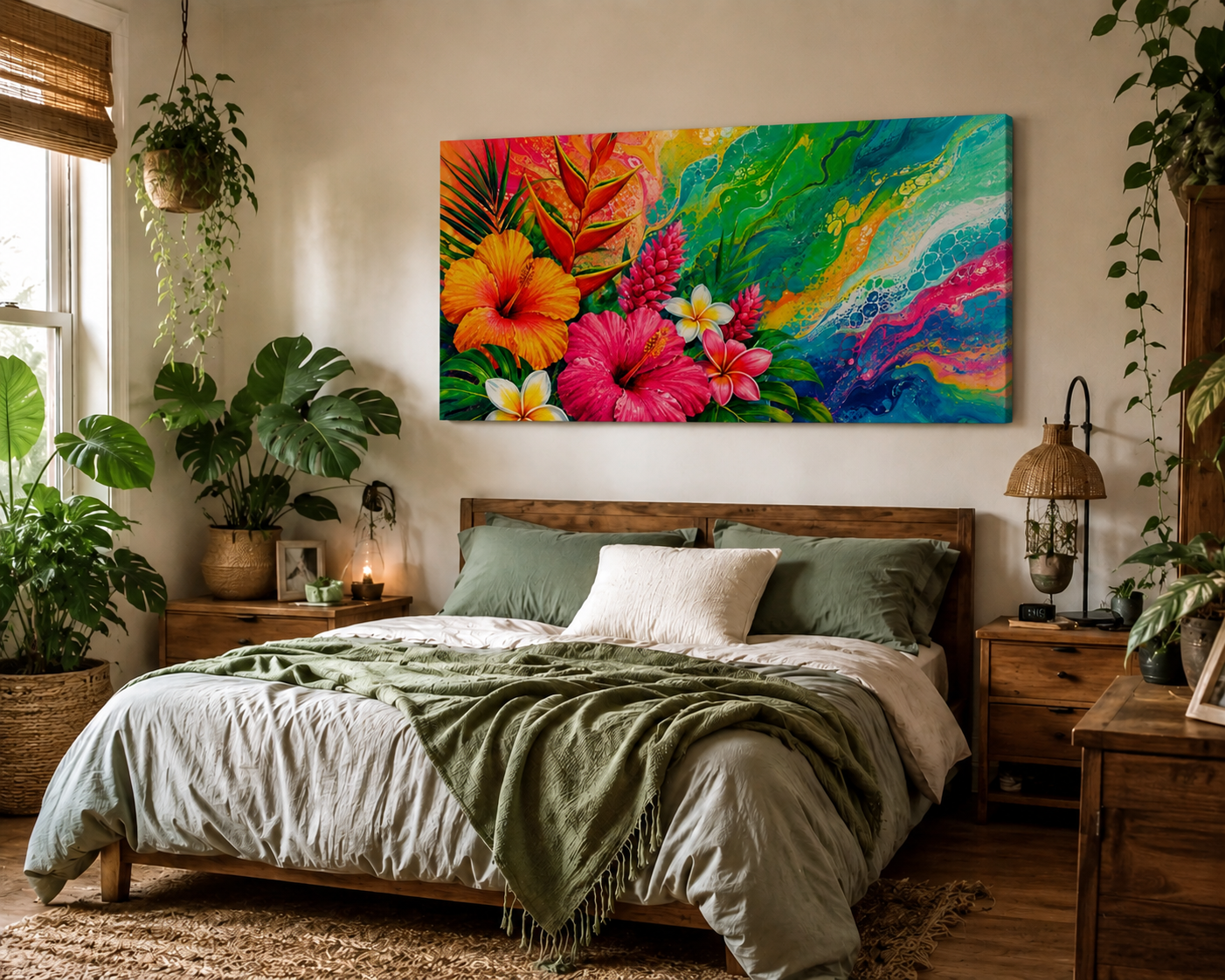 Tropical Floral Canvas Wall Art - Vibrant Hibiscus & Plumeria Stretched Print