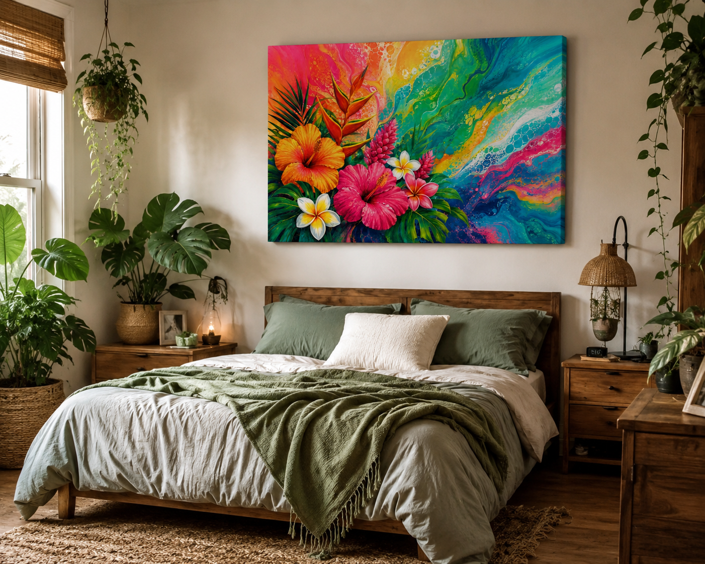 Tropical Floral Canvas Wall Art - Vibrant Hibiscus & Plumeria Stretched Print
