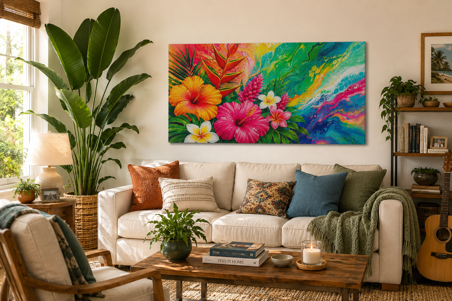 Tropical Floral Canvas Wall Art - Vibrant Hibiscus & Plumeria Stretched Print