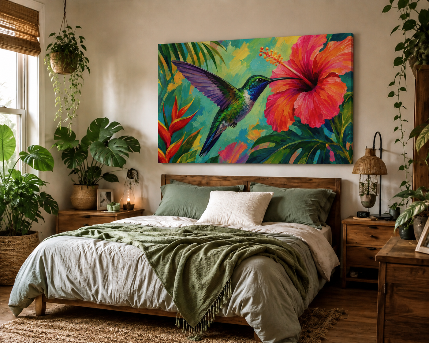 Hummingbird & Hibiscus Tropical Canvas Wall Art – Stretched Matte 1.25"