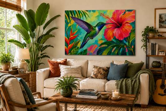 Hummingbird & Hibiscus Tropical Canvas Wall Art – Stretched Matte 1.25"