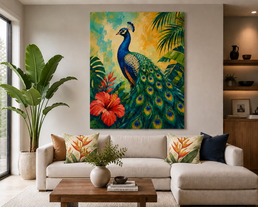 Peacock Wall Art Canvas — Tropical Peacock Painting on Matte Stretched Canvas