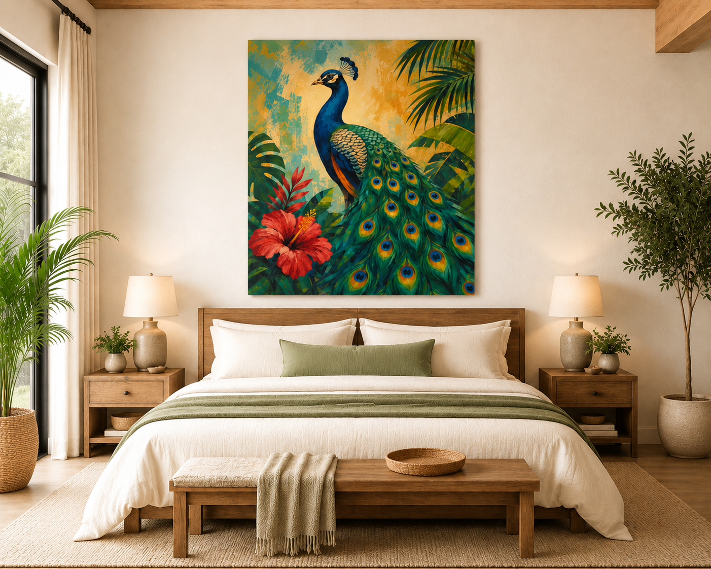 Peacock Wall Art Canvas — Tropical Peacock Painting on Matte Stretched Canvas