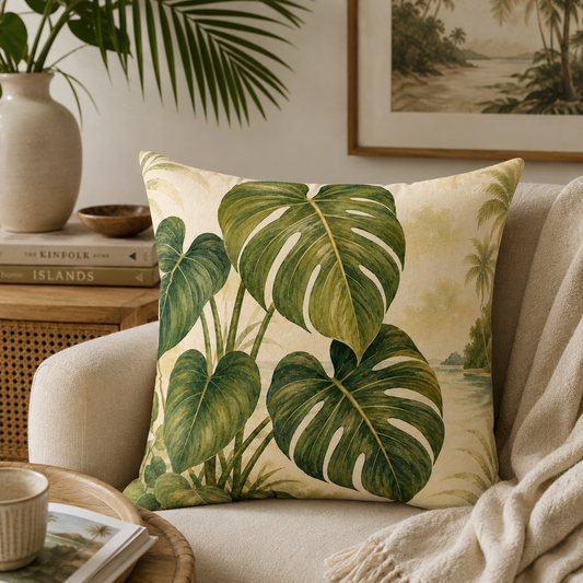Monstera Leaf Tropical Throw Pillow — Botanical Green Pillow
