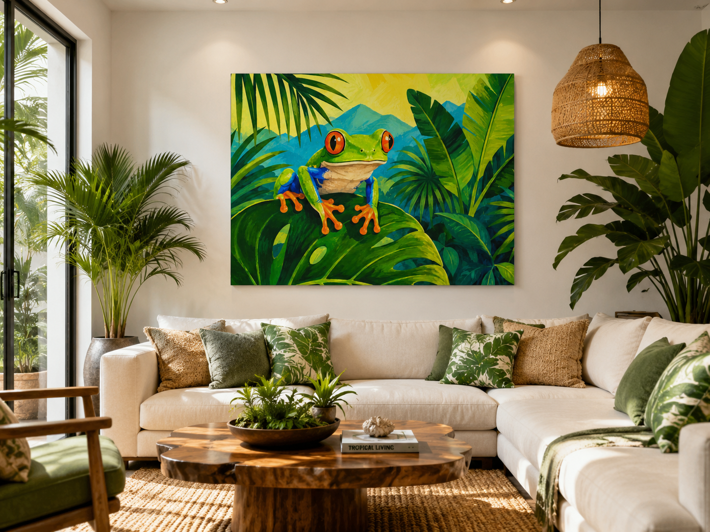 Living room with a colorful frog painting on the wall, white sofa, and plants.