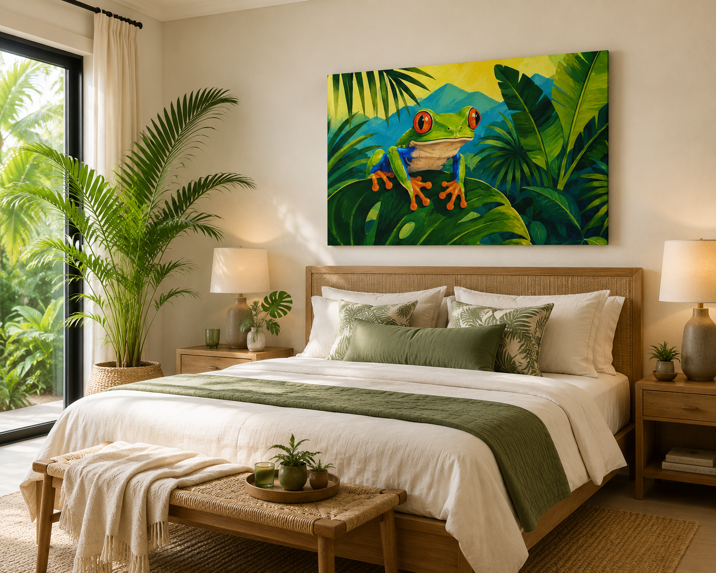 Bedroom with a large painting of a frog on a leaf, surrounded by plants and natural light.