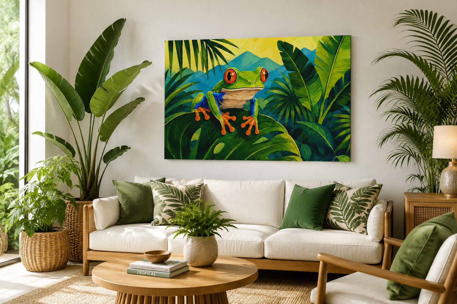 Living room with a white sofa, wooden coffee table, and a colorful frog painting on the wall.
