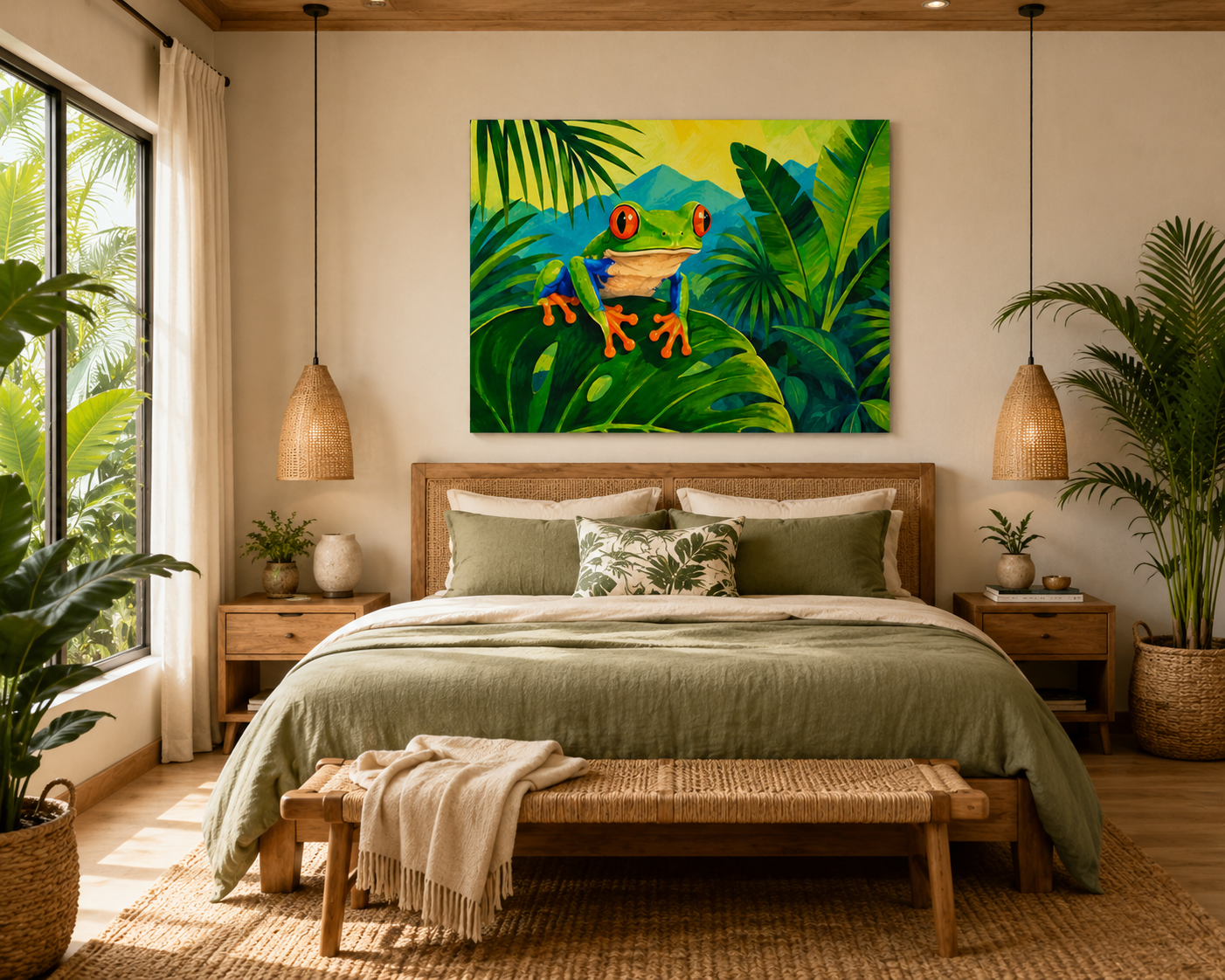 Decorative bedroom with a colorful frog painting on the wall, plants, and wooden furniture.