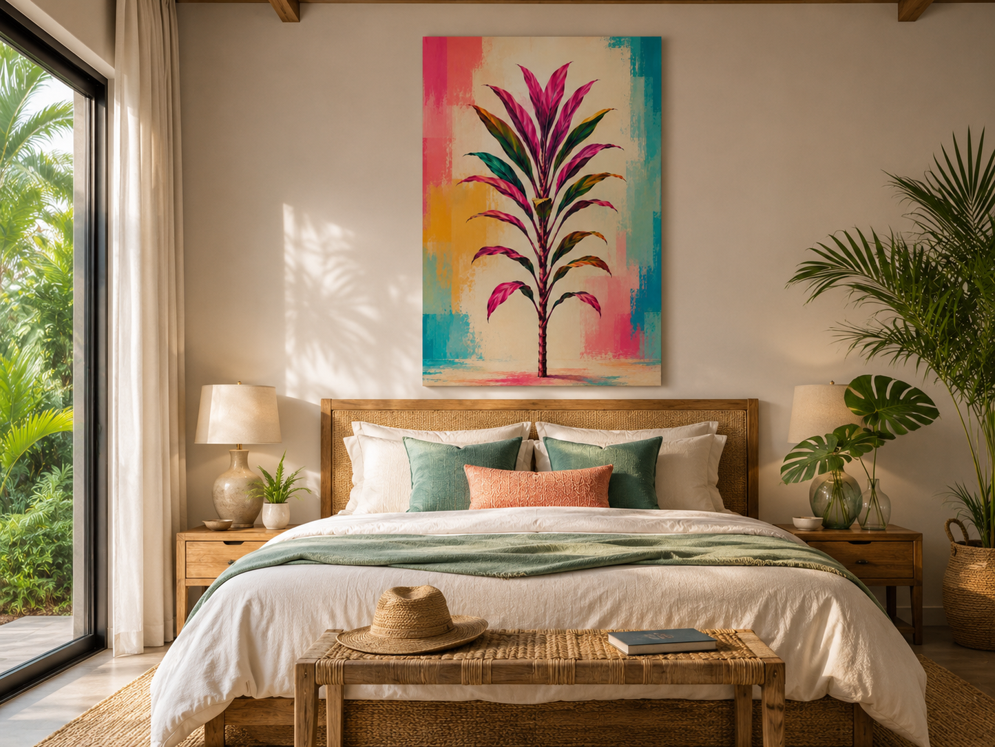 Tropical Ti Plant Canvas Wall Art – Pink & Teal Botanical Print, Matte Stretched 1.25"