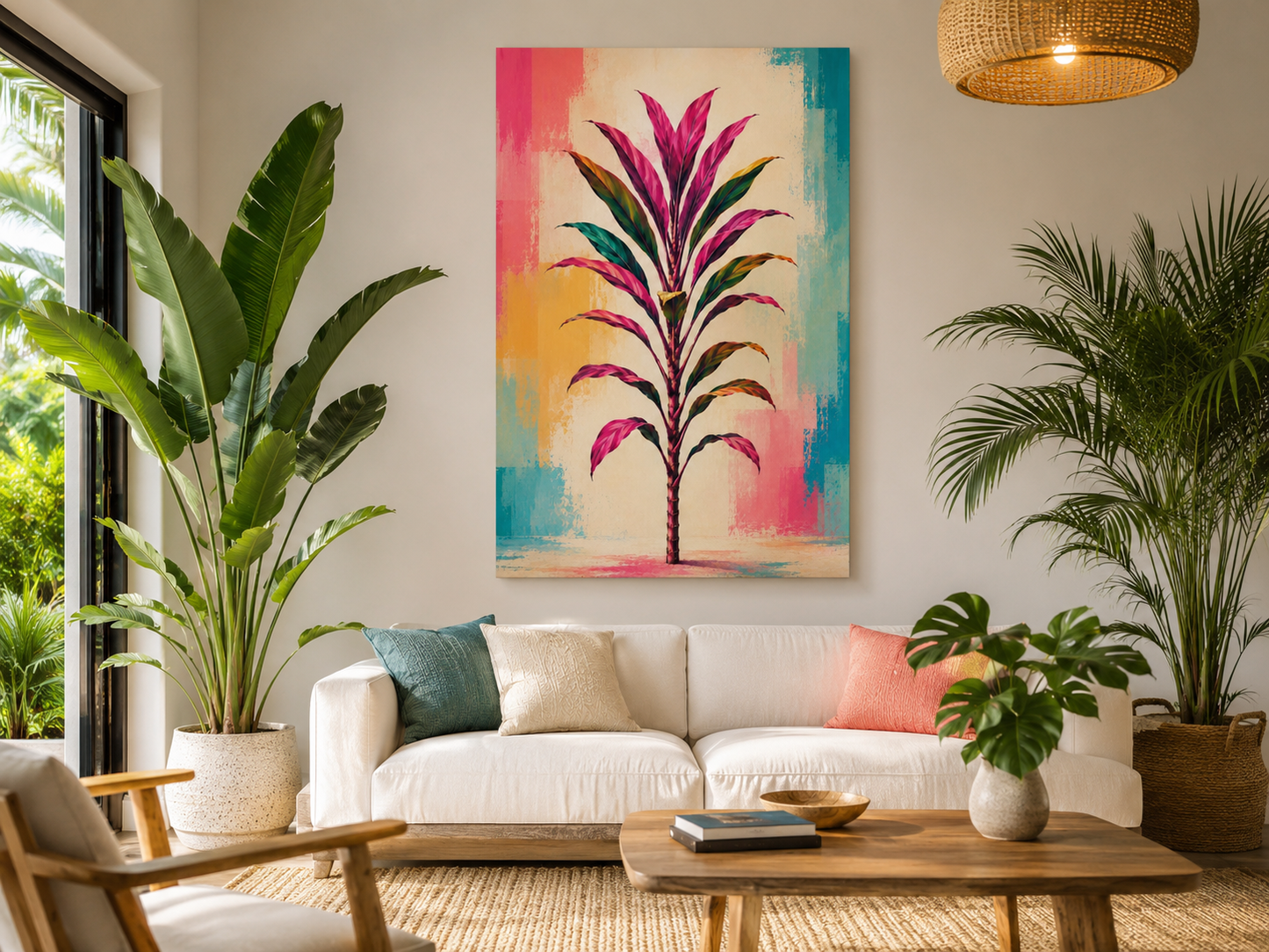 Tropical Ti Plant Canvas Wall Art – Pink & Teal Botanical Print, Matte Stretched 1.25"