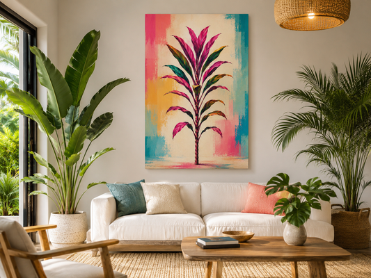 Tropical Ti Plant Canvas Wall Art – Pink & Teal Botanical Print, Matte Stretched 1.25"