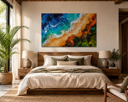Modern bedroom with a large bed, colorful abstract painting on the wall, and decorative elements.