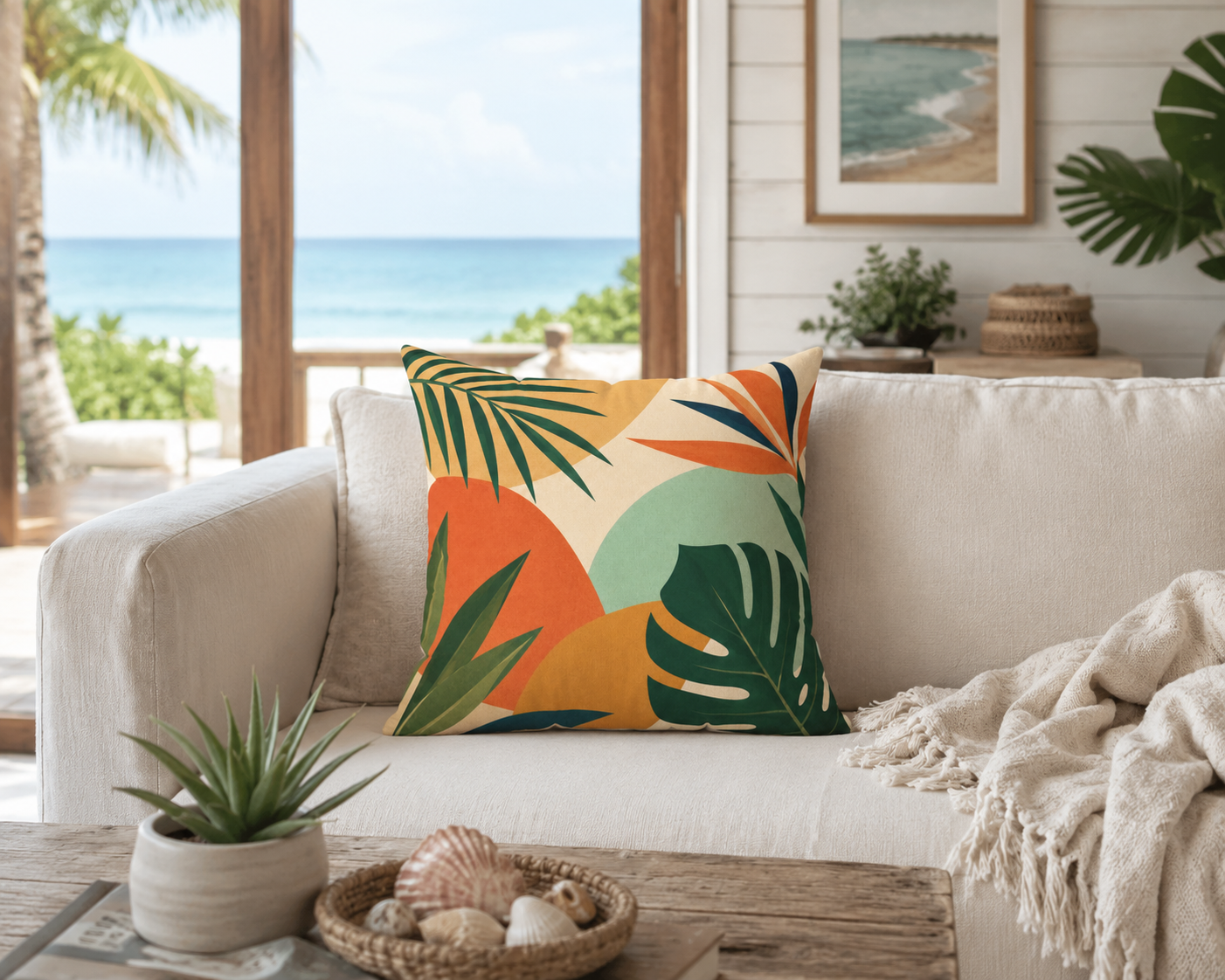 Tropical Leaf Throw Pillow — Retro Botanical Square Cushion