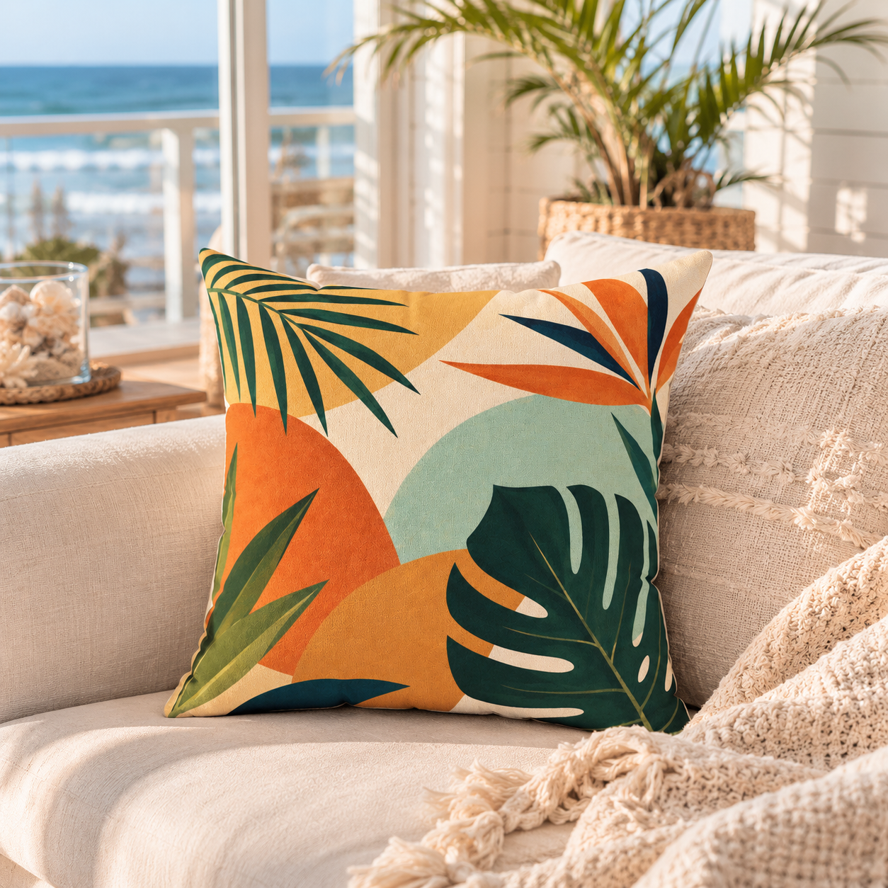 Tropical Leaf Throw Pillow — Retro Botanical Square Cushion