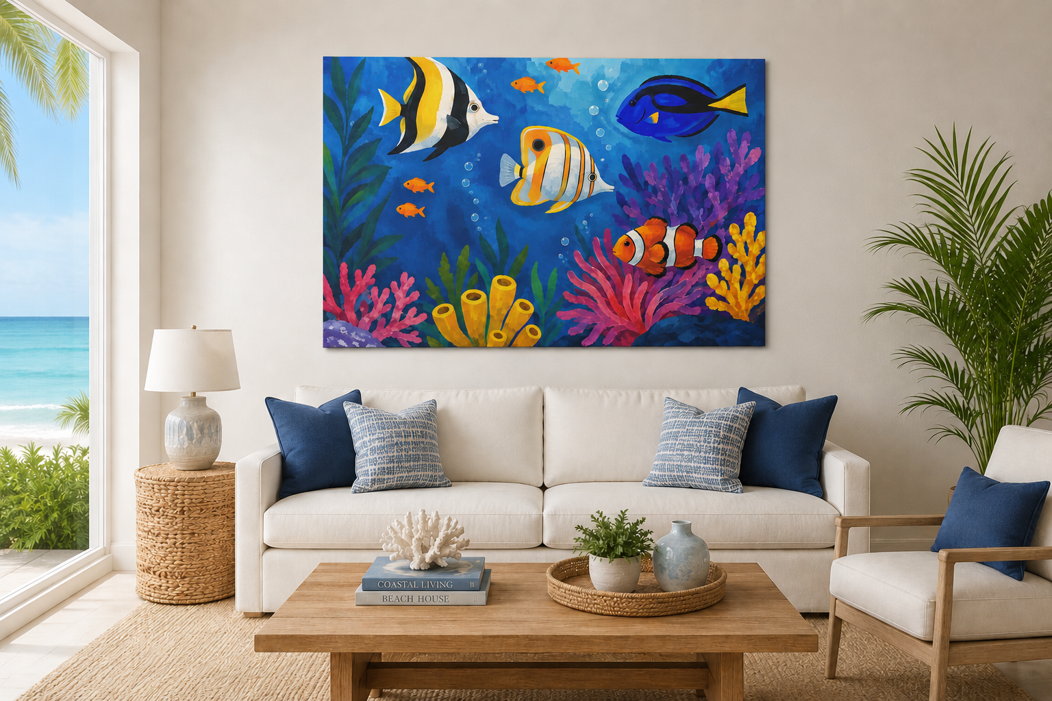 Living room with a colorful fish painting on the wall, white sofa, and coffee table.