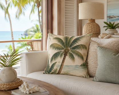 Tropical Palm Beach Pillow — Coastal Palm Tree Decorative Throw Pillow