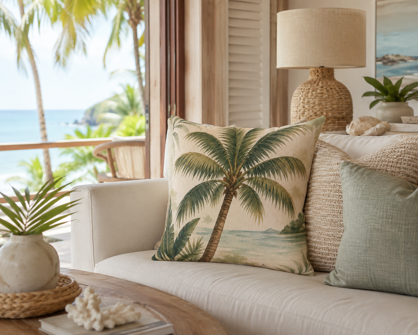 Decorative pillow with palm tree design on a couch with ocean view