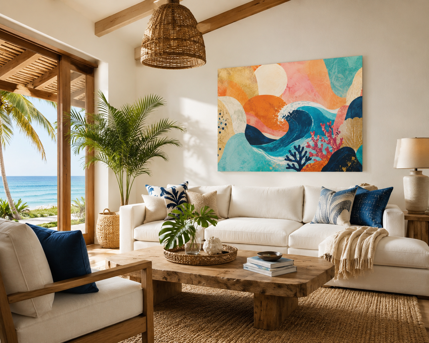 Abstract Ocean Waves Matte Canvas Print — Coastal Coral & Teal Wall Art