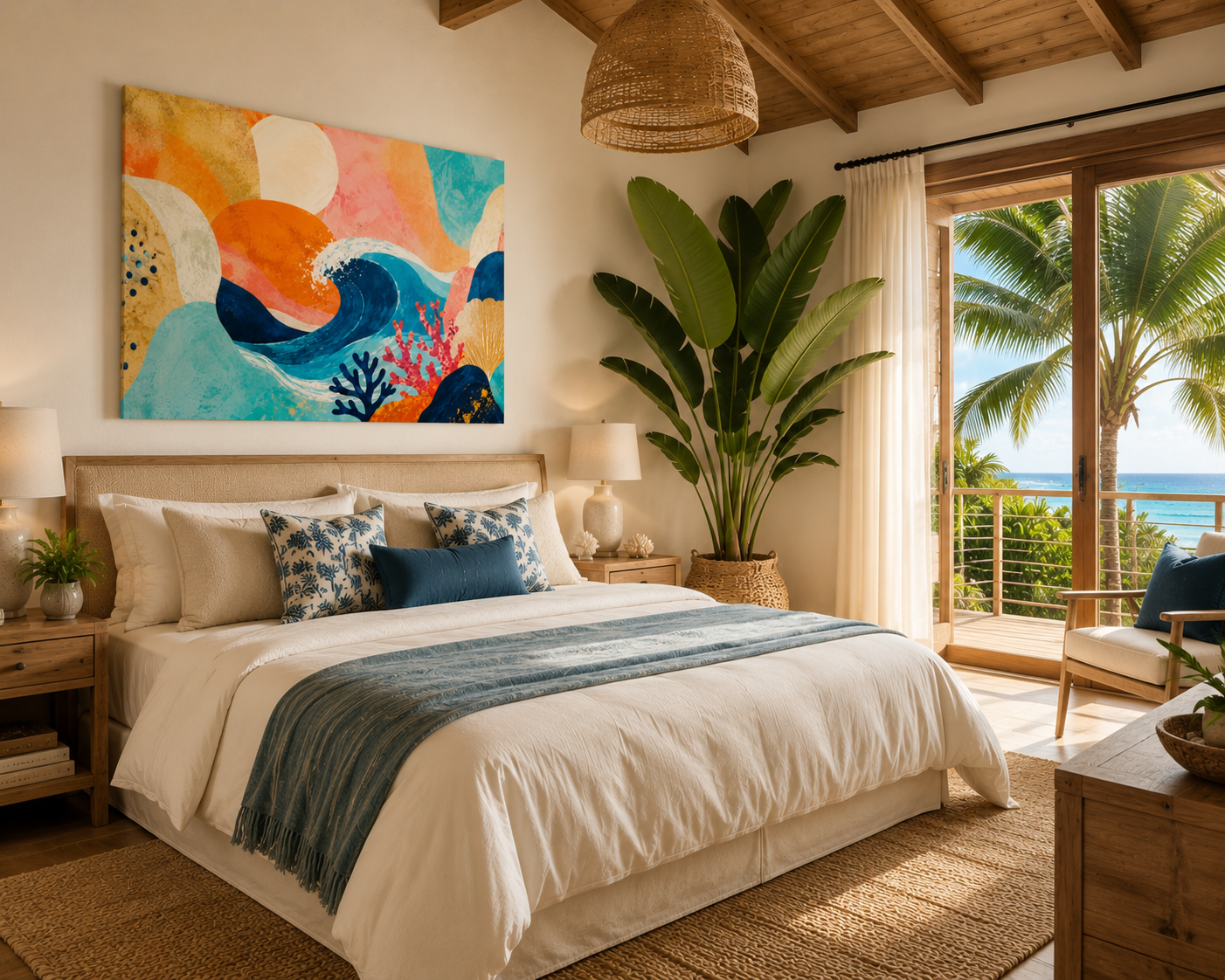 Abstract Ocean Waves Matte Canvas Print — Coastal Coral & Teal Wall Art