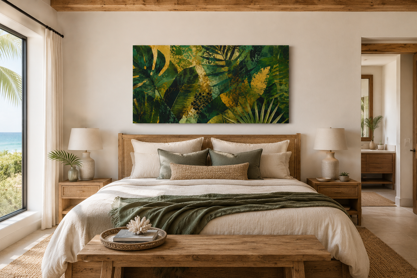 Tropical Leaf Matte Canvas Wall Art - Green & Gold Botanical Stretched Print