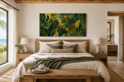 Modern bedroom with a large bed, wooden bench, and tropical leaf painting on the wall.