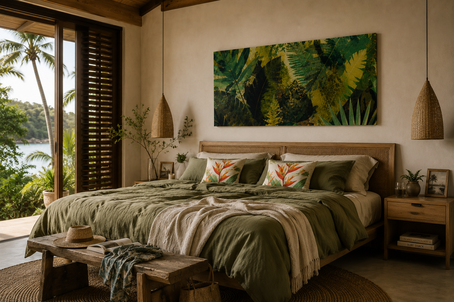 Tropical Leaf Matte Canvas Wall Art - Green & Gold Botanical Stretched Print