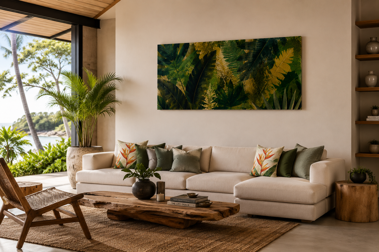 Tropical Leaf Matte Canvas Wall Art - Green & Gold Botanical Stretched Print