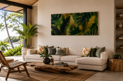 Modern living room with a white sofa, wooden coffee table, canvas print and decorative plants.
