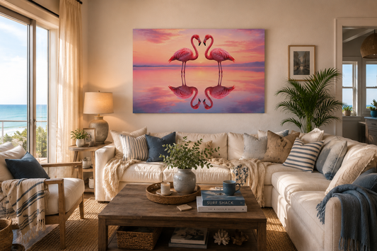 Flamingo Sunset Canvas Wall Art — Romantic Pink Flamingos Stretched Matte Print