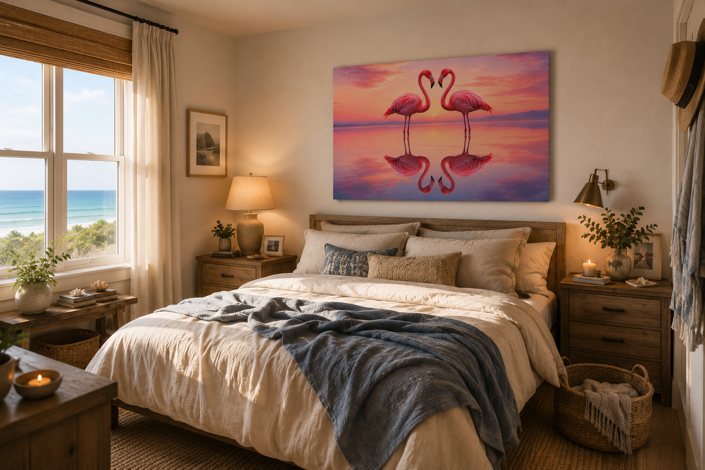 Flamingo Sunset Canvas Wall Art — Romantic Pink Flamingos Stretched Matte Print