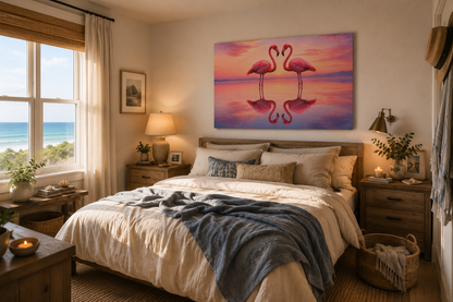 Bedroom with a large bed, nightstands, and a painting of flamingos on the wall.