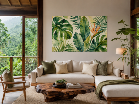 Tropical Palm Canvas Wall Art — Bird of Paradise Botanical Print, Matte Stretched 1.25"