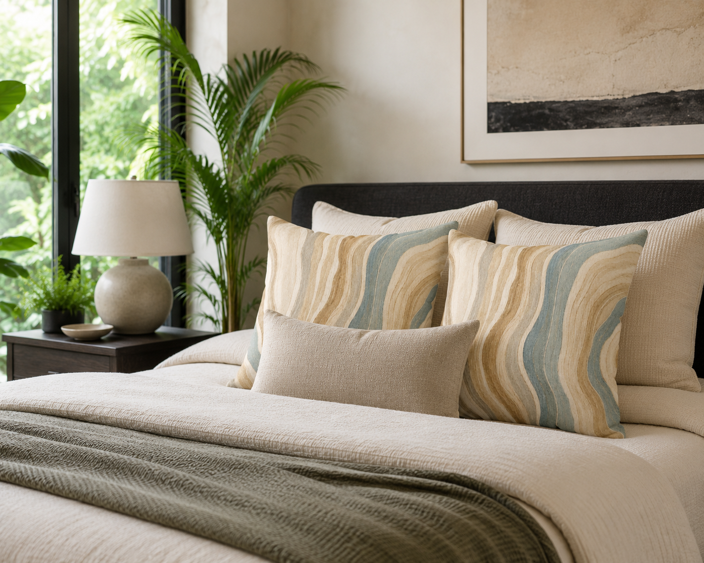 Abstract Earth-Tone Wave Pillow — Neutral Boho Decorative Throw Pillow