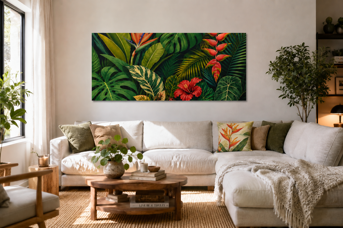 Tropical Leaves Canvas Wall Art — Vibrant Hibiscus & Jungle Botanical Print