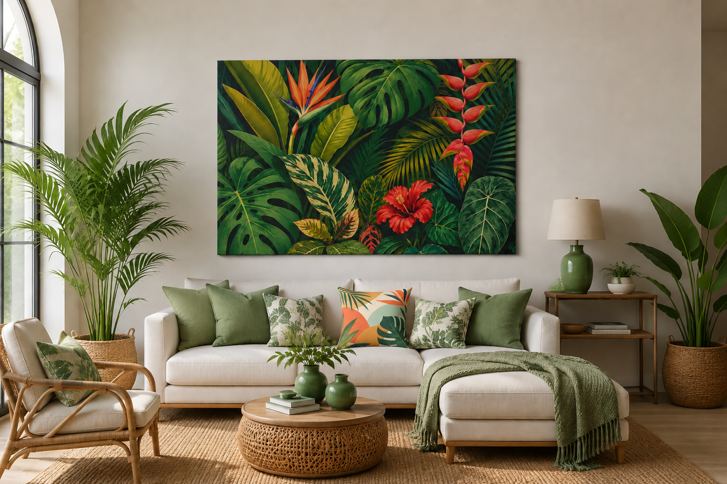 Tropical Leaves Canvas Wall Art — Vibrant Hibiscus & Jungle Botanical Print
