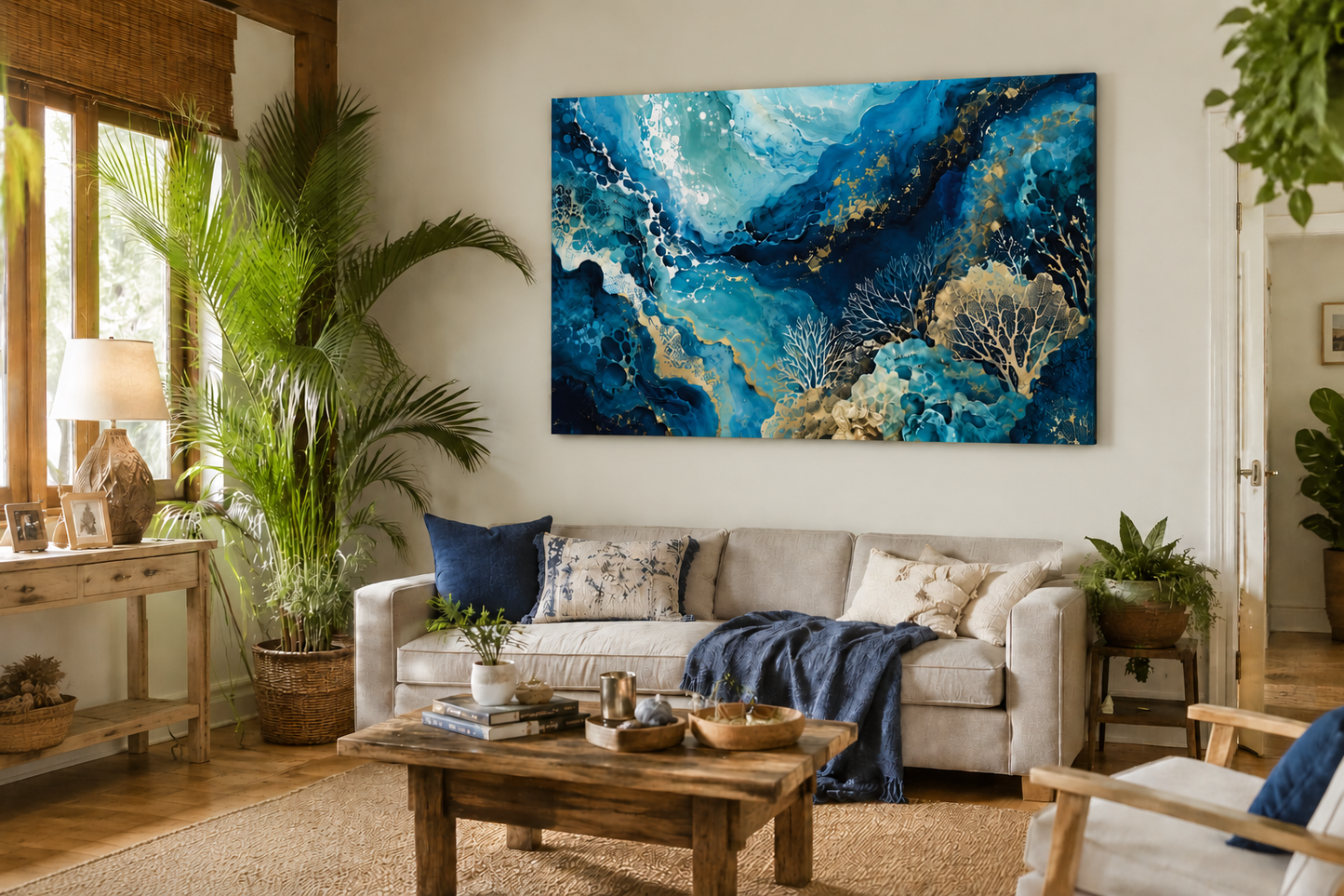 Ocean Abstract Canvas Art - Blue Gold Coral Wave, Stretched Matte Print