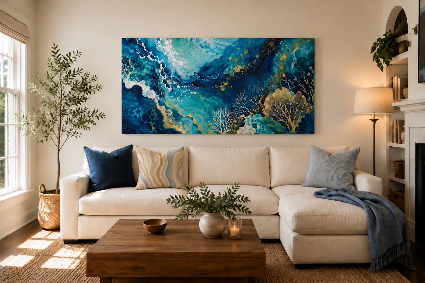 Ocean Abstract Canvas Art - Blue Gold Coral Wave, Stretched Matte Print