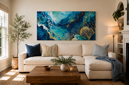 Ocean Abstract Canvas Art - Blue Gold Coral Wave, Stretched Matte Print