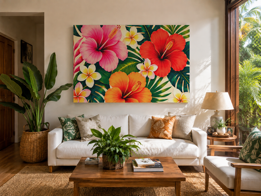 Tropical Hibiscus & Frangipani Canvas Wall Art — Vibrant Floral Matte Stretched Print