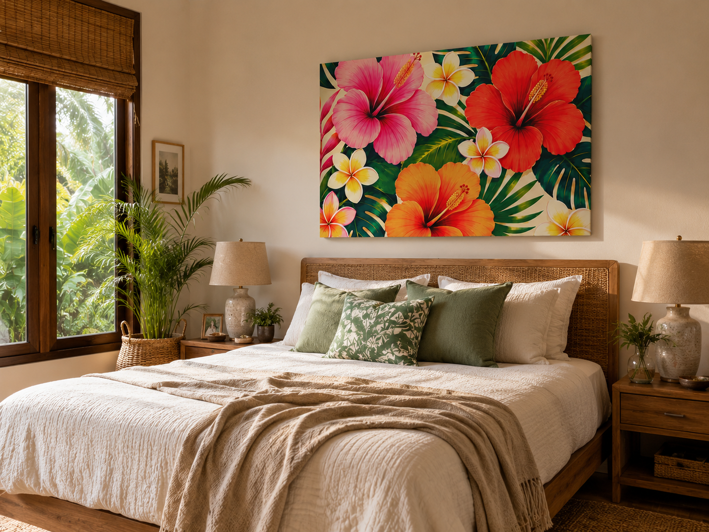 Tropical Hibiscus & Frangipani Canvas Wall Art — Vibrant Floral Matte Stretched Print