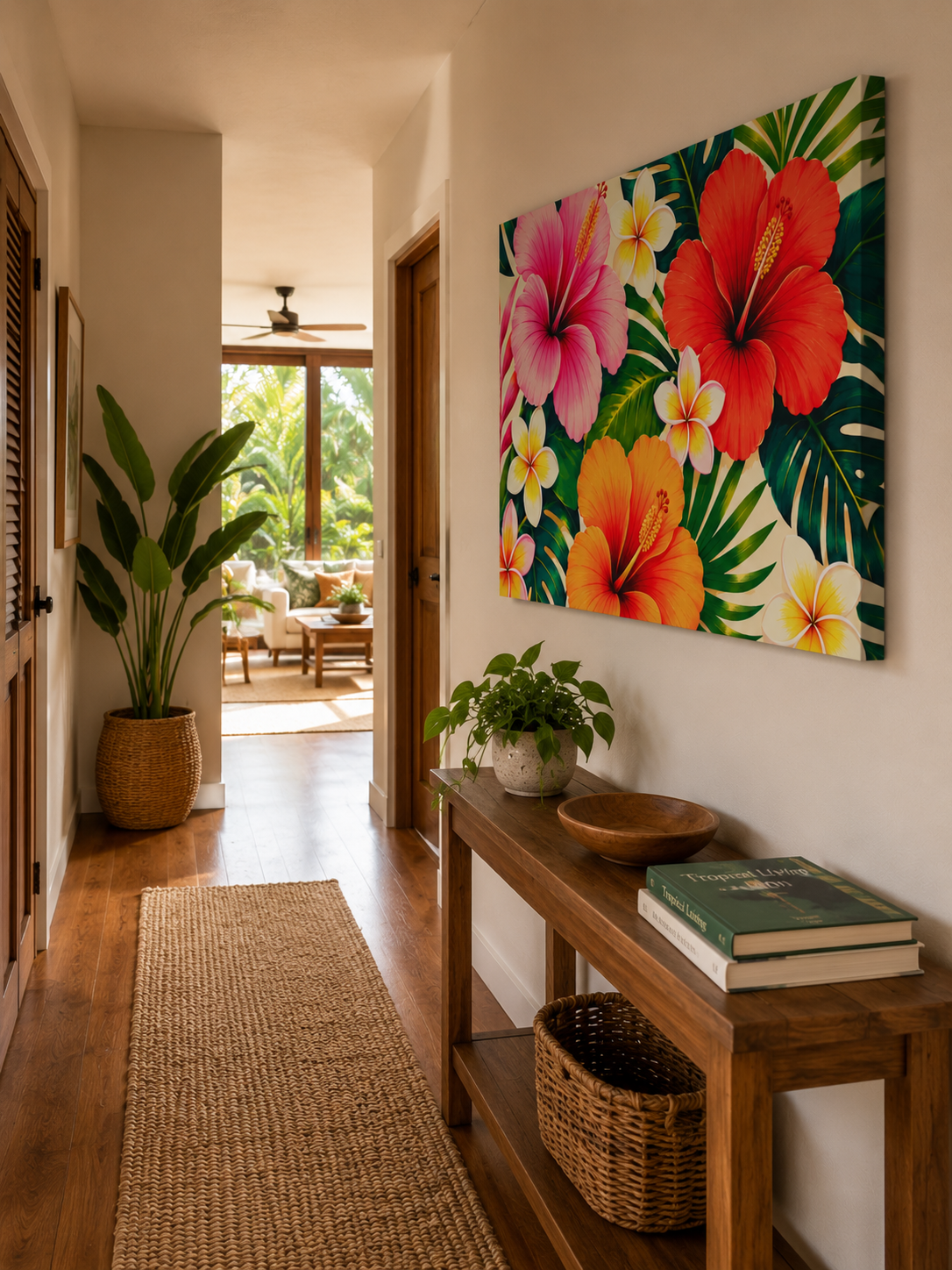 Tropical Hibiscus & Frangipani Canvas Wall Art — Vibrant Floral Matte Stretched Print