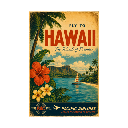 Vintage-style travel poster for Hawaii featuring a tropical landscape with palm trees, flowers, and a sailboat.