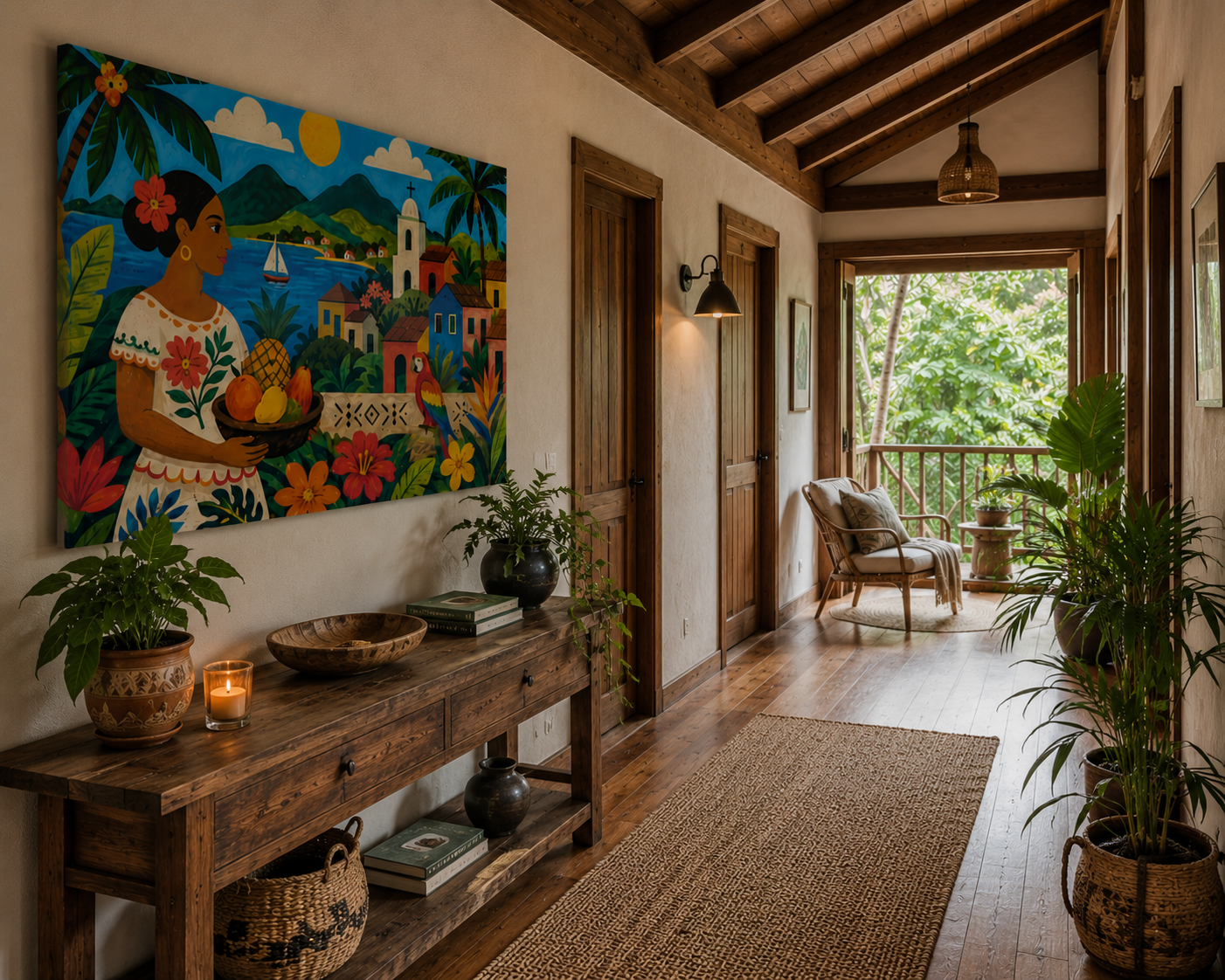 Tropical Village Canvas Wall Art — Colorful Mexican Folk Scene with Woman & Fruits