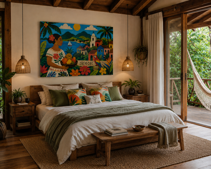 Tropical Village Canvas Wall Art — Colorful Mexican Folk Scene with Woman & Fruits