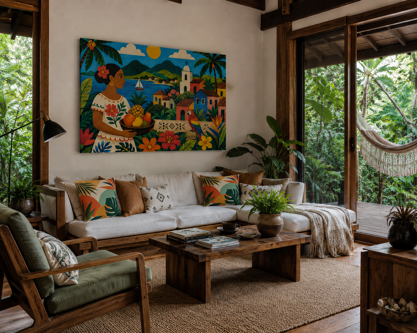 Tropical Village Canvas Wall Art — Colorful Mexican Folk Scene with Woman & Fruits