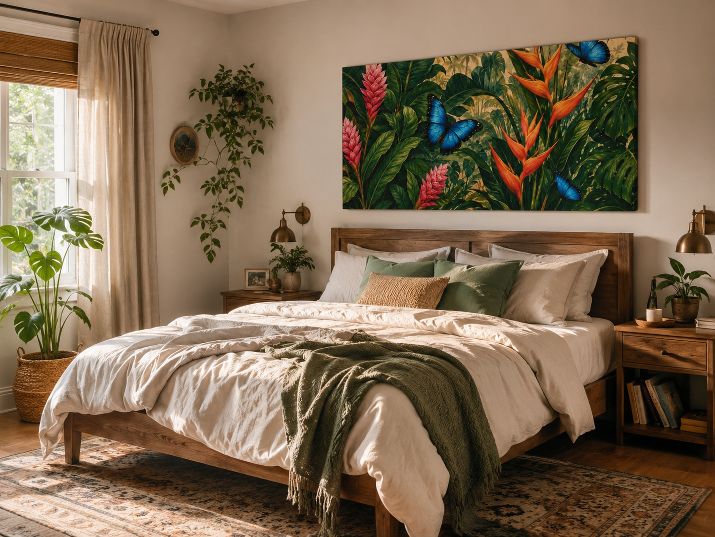 Tropical Butterfly Canvas Wall Art — Blue Butterflies & Exotic Foliage Matte Stretched Print