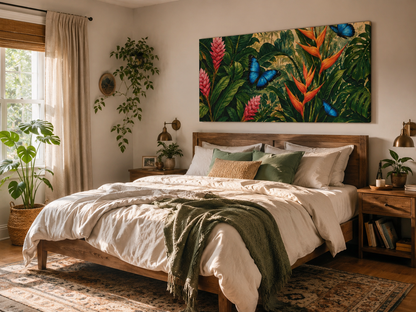 Tropical Butterfly Canvas Wall Art — Blue Butterflies & Exotic Foliage Matte Stretched Print